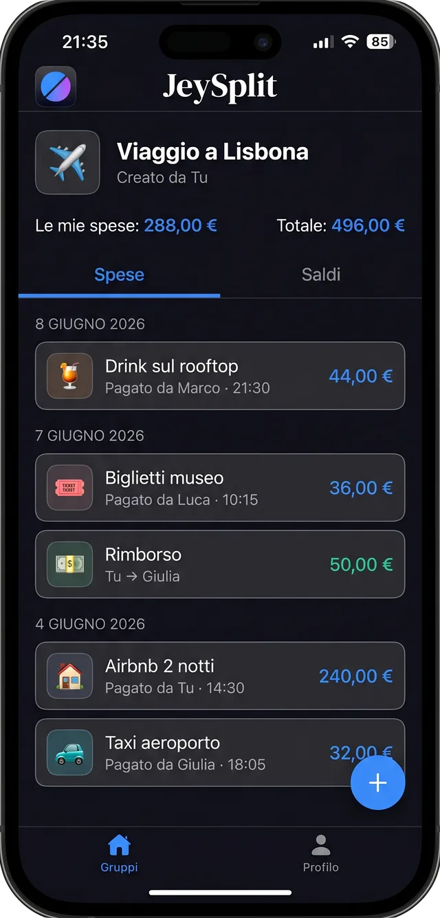 App JeySplit — spese di viaggio